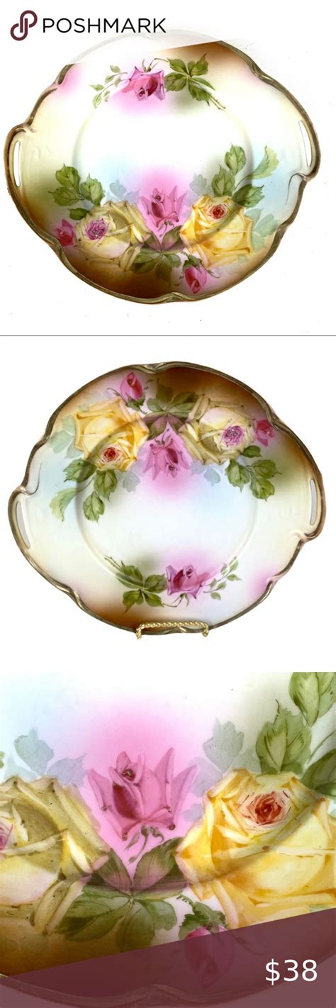 Antique J And C Louise Bavaria Cake Plate Tray Roses Yellow Pink