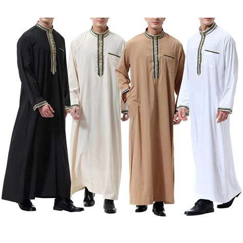 Muslim Men Jubba Thobe Solid Color Button Kimono Middle Robe Saudi