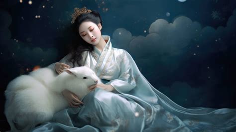 A celestial depiction of Chang'e, the Chinese moon goddess, floating ...