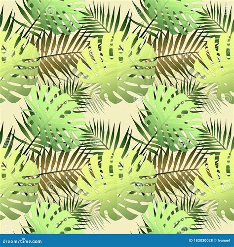 Seamless Tropical Jungle Palm Leaves Pattern On White Background Stock