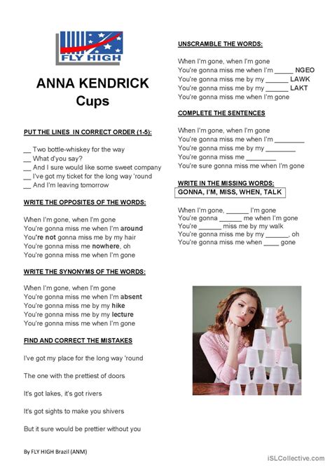 Anna Kendrick - Cups song and nurser…: English ESL worksheets pdf & doc