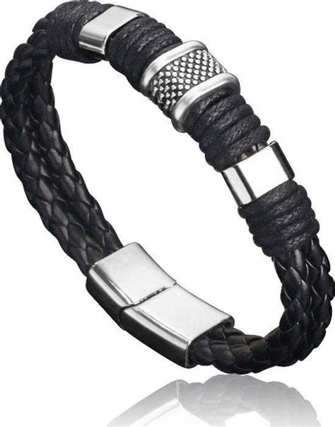 Stoere Heren Armband Zwart Gevlochten Leer Met Stalen Accenten