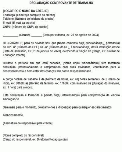 Refer Ncia Para Uma Declara O Comprovante De Trabalho Para Creche