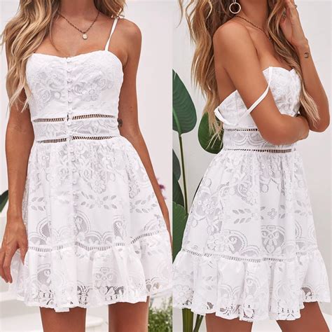 Buy Summer Women Floral Flower Button Sexy Strappy Ruffles Backless White Lace Dress At