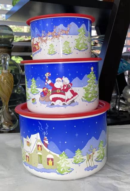 SET OF 3 Tupperware Holiday Christmas Stacking Canisters W One Touch