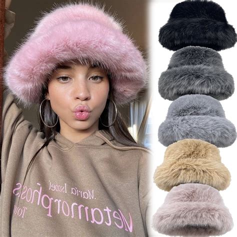 Winter Bucket Hat Fluffy Faux Fur Fisherman Plush Warm Hats Cute Fuzzy