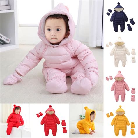 Baby Girls Boys Winter Hooded Snowsuits Romper Bodysuits Newborns Snow ...