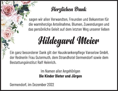 Traueranzeigen von Hildegard Meier Märkische Onlinezeitung Trauerportal