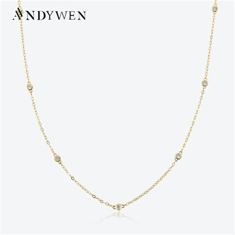 ANDYWEN 925 Sterling Silver Gold Round CZ Zircon Charm Choker Necklace