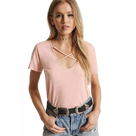 2018 Summer Woman Shirts Hollow Out Sexy Girl Tops V Collar Easy Loose Cross Solid Color Short