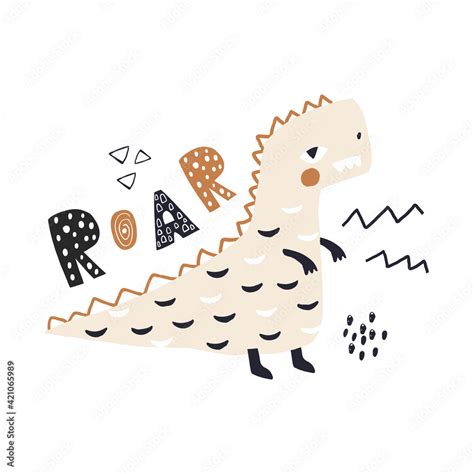 Cute Hand Drawn Dinosaur Say Roar With Lettering Cartoon Dino