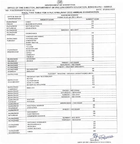 2nd PUC Final Examination Time Table Online Tutorials