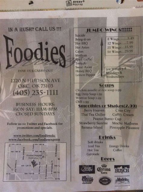 Menu at Foodies Express restaurant, Oklahoma City