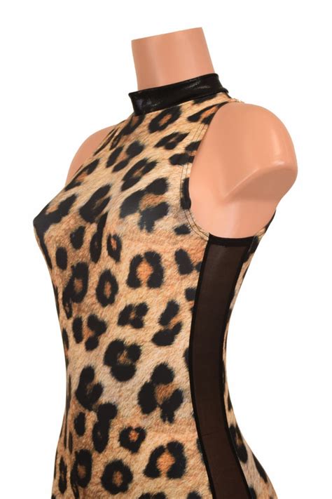 Leopard Print Zipper Back Catsuit With Black Mesh Side Panels Etsy