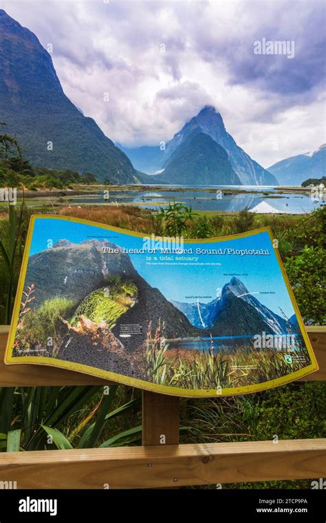 Mitre Peaks And Interpretive Sign At Milford Sound Fiordland National