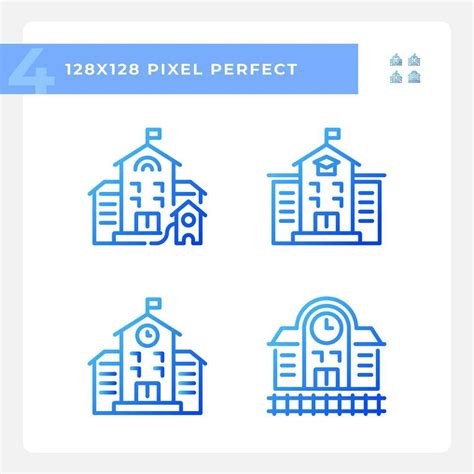 2d Pixel Perfect Blue Gradient Icons Set Representing Various Buildings Thin Line Illustration