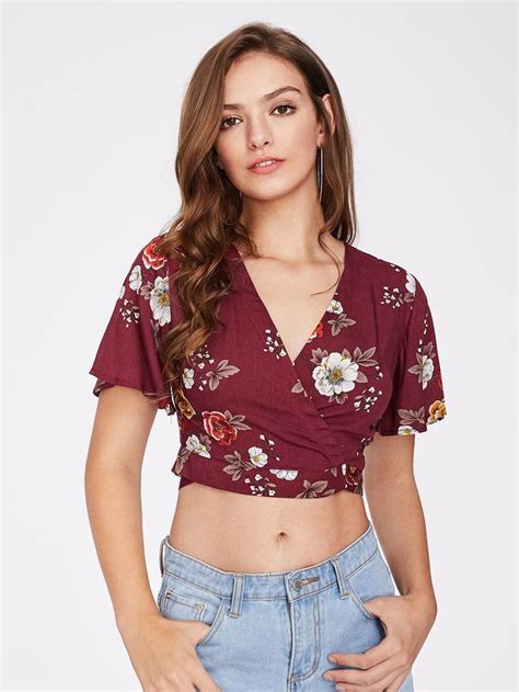 Shop Flower Print Surplice Wrap Crop Top Online Shein Offers Flower Print Surplice Wrap Crop