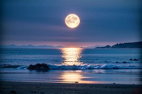 Una luna llena sobre el océano con la puesta de sol detrás de ella