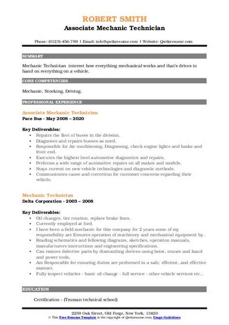 Mechanic Technician Resume Samples | QwikResume