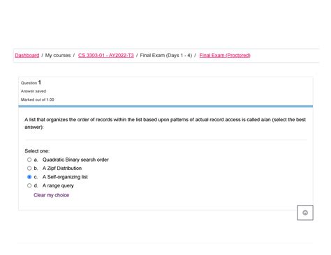 CS 3303 Data Final Exam Proctored 98 Percent Question 1 Answer Saved