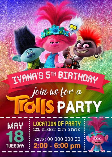 Trolls World Tour Birthday Invitation Printable Jamakodesigns