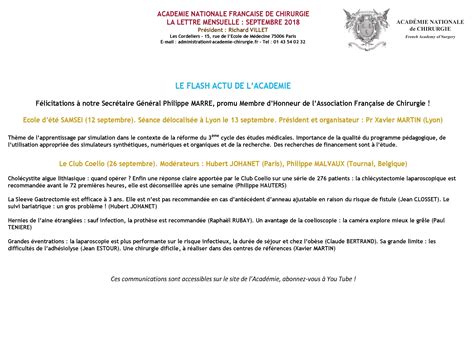 Académie de Chirurgie : Lettre mensuelle Septembre 2018 - Fédération de