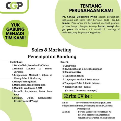 Lowongan Kerja Sales And Marketing Di Pt Cahaya Globalindo Prima