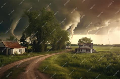 Premium Ai Image Double Tornadoes Twisting Across A Rural Landscape