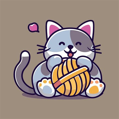 Gato fofo segurando uma bola de fio ilustração de ícone vetorial de