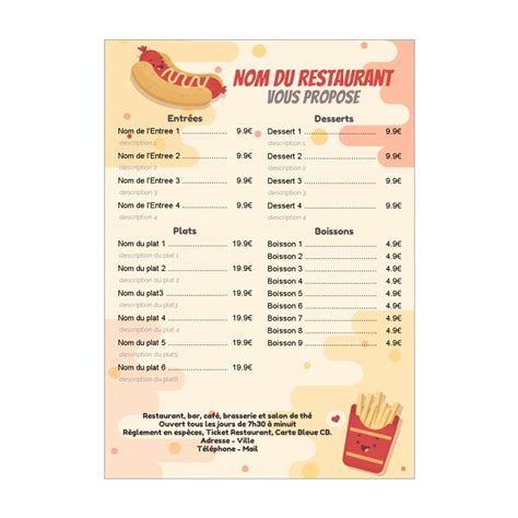 Menu De Restaurant Snack Personnaliser Et A Imprimer Carte