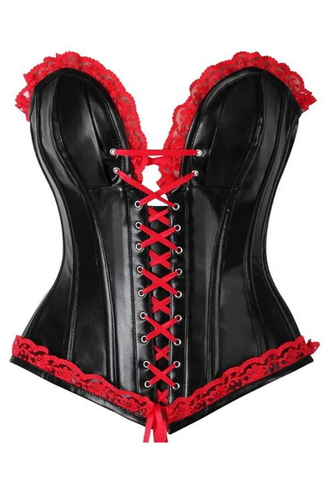 Plus Size Top Drawer Black Faux Leather And Red Lace Trim Corset Spicy Lingerie