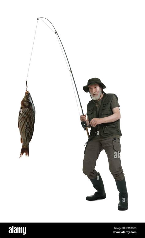 Fisherman Catching Fish With Rod On White Background Stock Photo Alamy