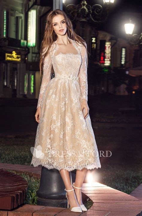 A Line Pleats Appliqued Tea Length Strapless Lace Long Sleeve Illusion Dress Cocktail Dresses