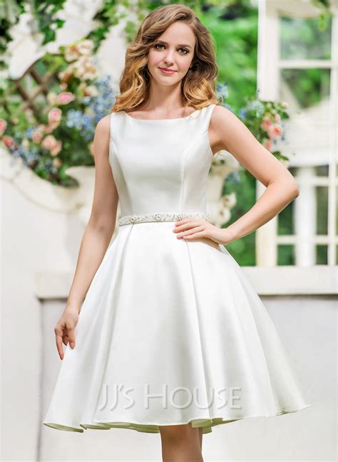 A Line Princess Scoop Neck Knee Length Satin Wedding Dress With Beading