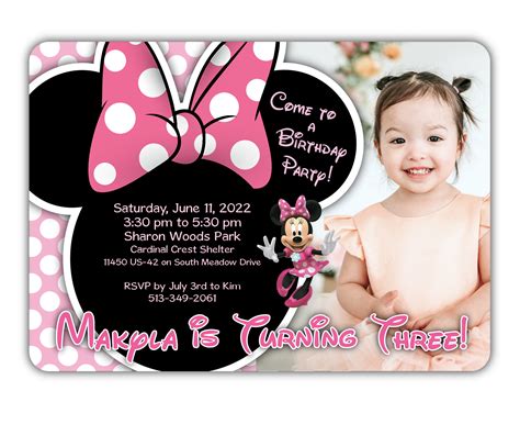 Minnie Mouse Birthday Invitations Pink Party With Photo Set - Etsy