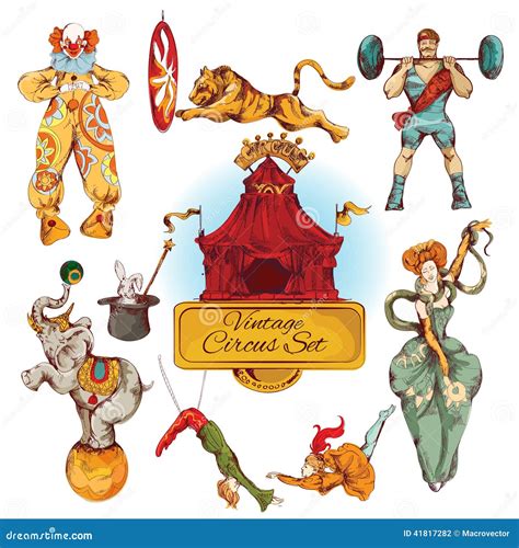 Iconos Coloreados Vintage Del Circo Fijados Ilustración del Vector