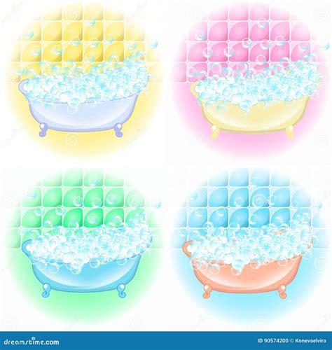 Bathtub With Foam Bubbles And Shower Vector Illustration Isolated On