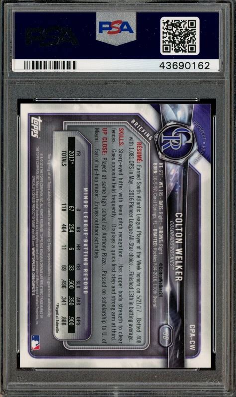 2018 Bowman Chrome Prospect Colton Welker Rockies RC Rookie AUTO PSA 9