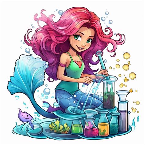 Premium Photo Cartoon Mermaid With A Flask And A Beakle Generative Ai