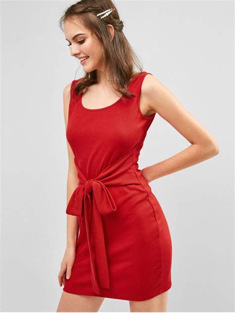 [26 Off] 2021 Ribbed Knotted Bodycon Tank Dress In Red Zaful South