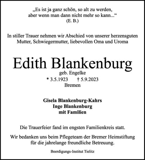 Traueranzeigen Von Edith Blankenburg Trauer Gedenken