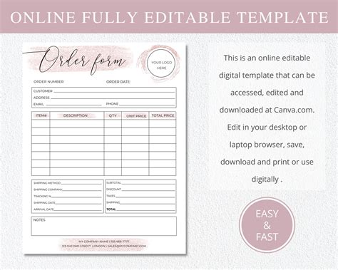 Editable Order Form, Small Business Forms, Printable Craft Order Forms ... 