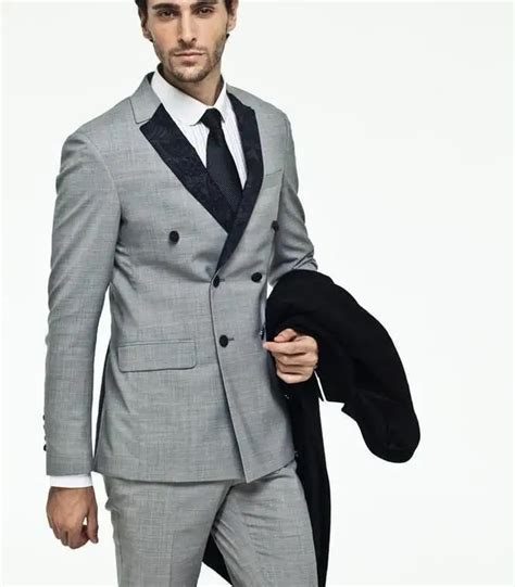 Custom Made Double Vent Grey Suit Groom Tuxedos Slim Fit Double