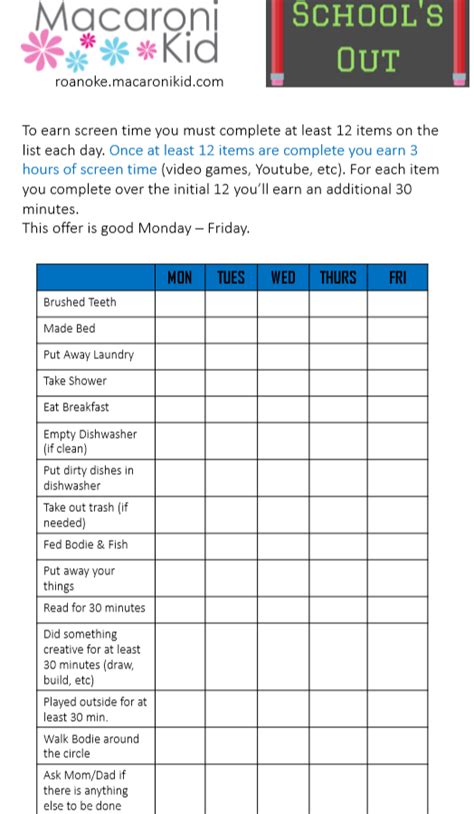 Free Printable Schools Out Daily Chore Chart To Earn Screen Time