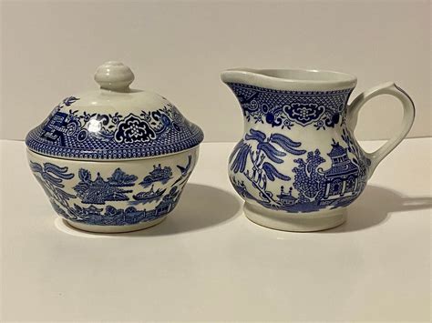 Churchill Blue Willow Porcelain Sugar Bowl With Lid Creamer Set