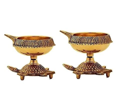 Relikart Handmade Indian Puja Brass Oil Lamp Golden Diya Lamp