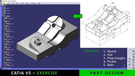 Catia V5 Part Design Tutorial For Beginners Exercise 6 Youtube