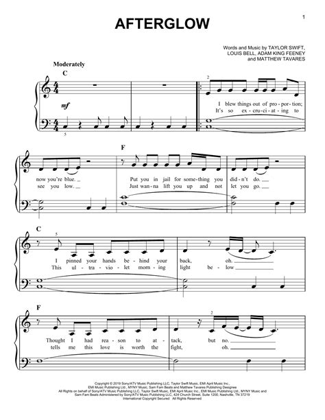 Taylor Swift 'Afterglow' Sheet Music & Chords | Printable Piano, Vocal & Guitar PDF Notes ...