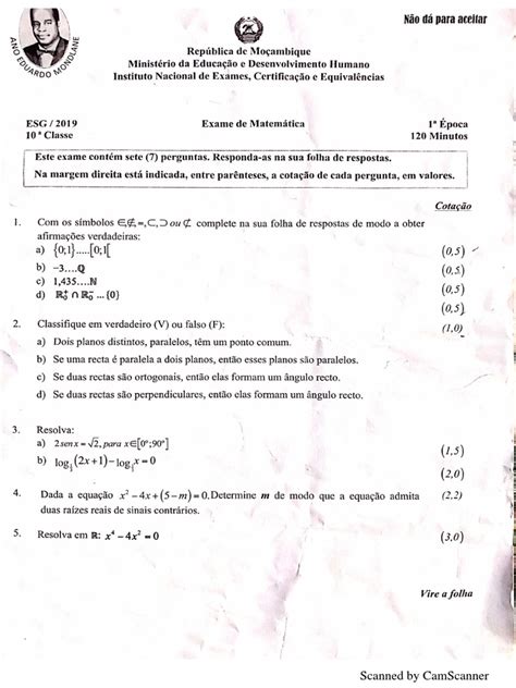 Exame De Matemática 10 Classe 1 Época 2019 Pdf