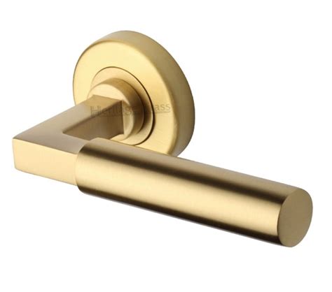 Heritage Brass Bauhaus Door Handles On Round Rose Satin Brass V2259 Sb Sold In Pairs From